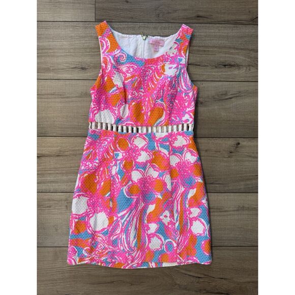 Lilly Pulitzer Iggy Shift Dress Size 2 Cutout Neon Pink Orange Blue Women’s - Picture 1 of 2